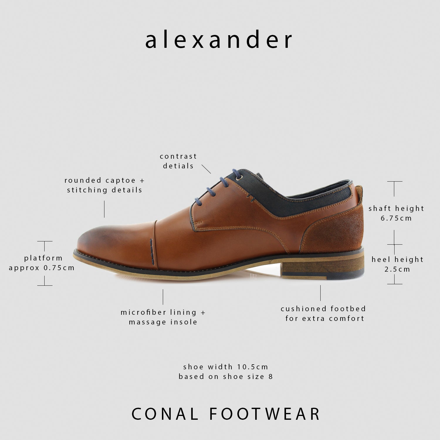 Duo-Textured Two-Tone Derby | Alexander by Polar Fox | Conal Footwear | Size Chart View