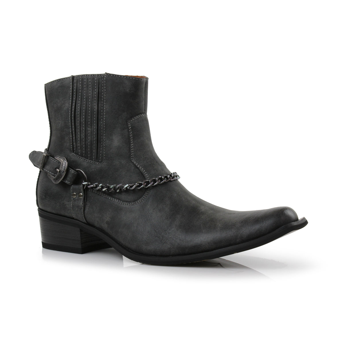 Synthetic Leather Cowboy Chain Boots | REYES in Charcoal 