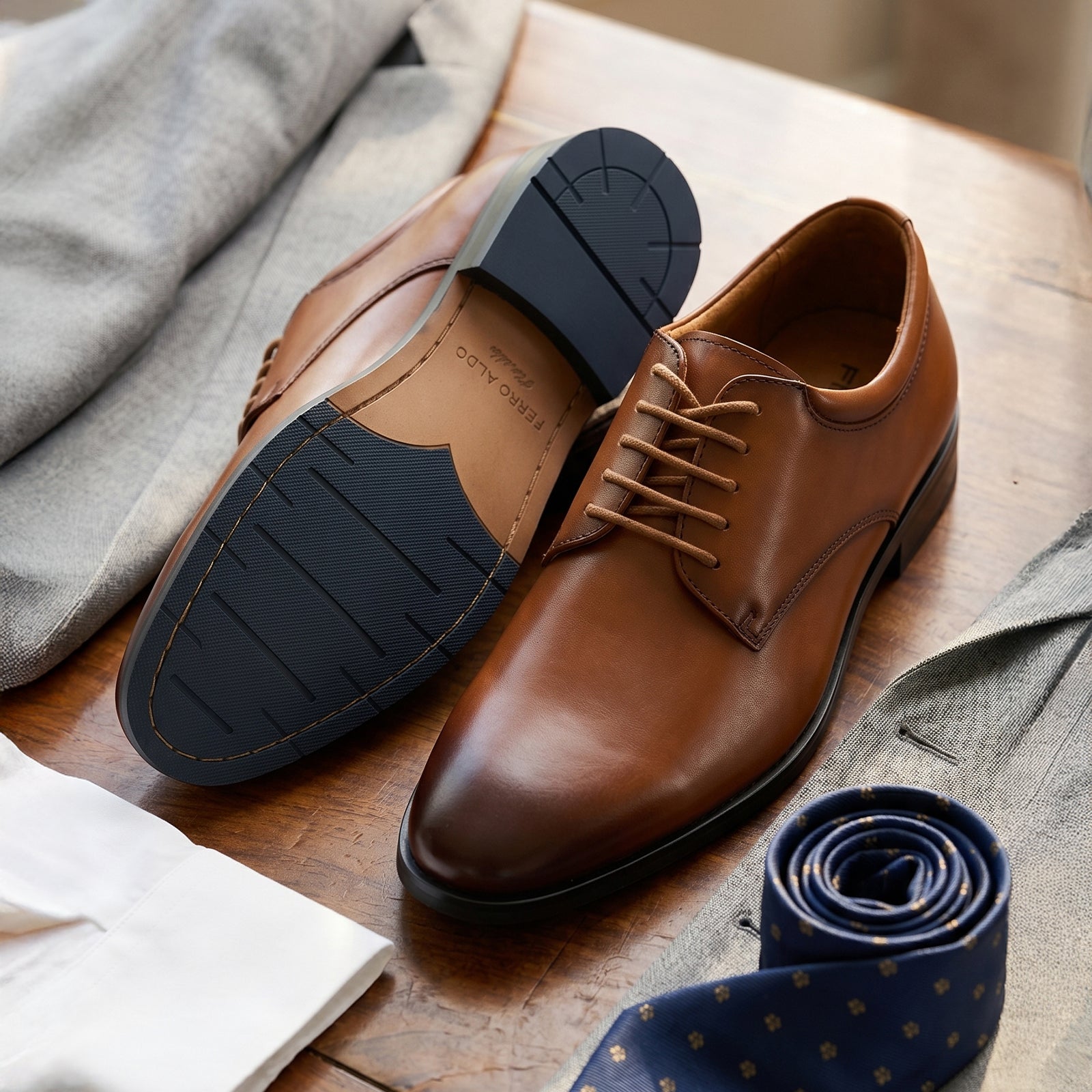 Ferro Aldo Men's Classic Plain Toe Derby | Arlen in Cognac
