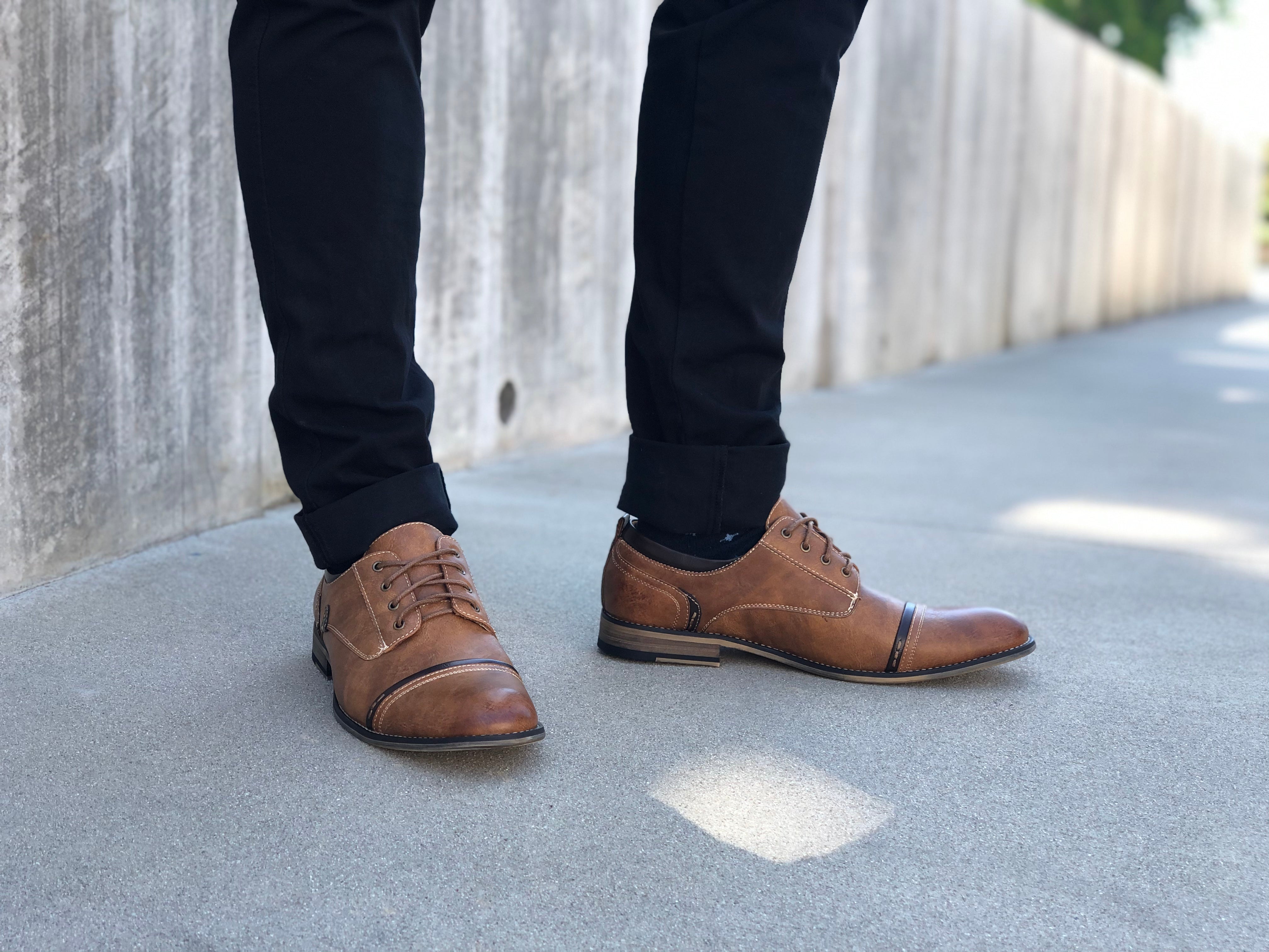 Burnished Cap-Toe Derby Shoes | Shane by Ferro Aldo | Conal Footwear | Action Shot