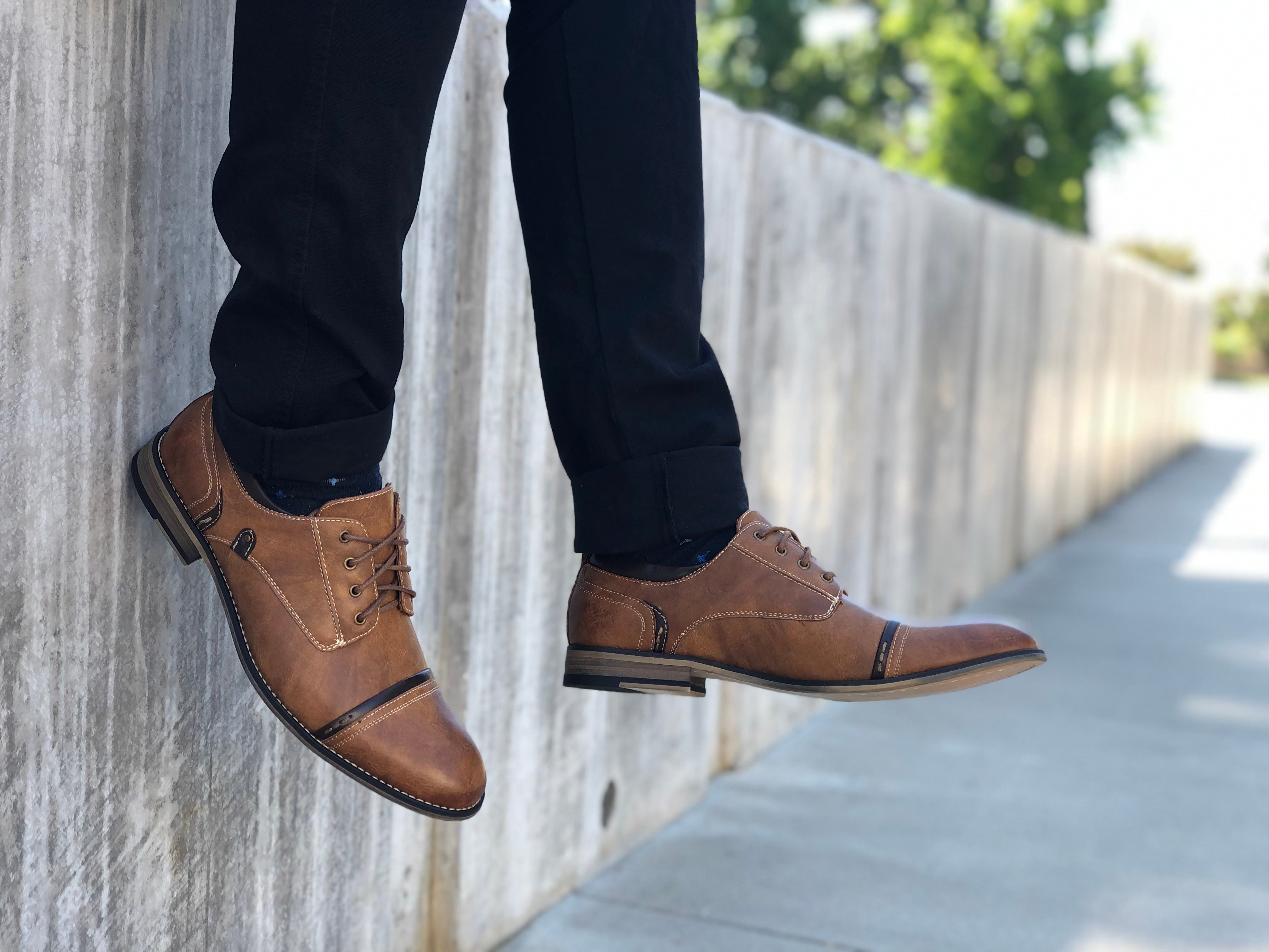 Burnished Cap-Toe Derby Shoes | Shane by Ferro Aldo | Conal Footwear | Action Shot 2